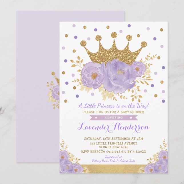 Princess Lavender Gold Floral Crown Baby Shower Invitation (Front/Back)