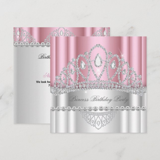 Princess Light Pink White Diamond Tiara Birthday Invitation (Front/Back)