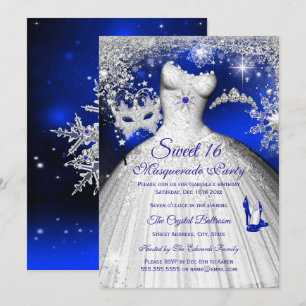 Princess Masquerade Sweet 16 Royal Blue Silver Invitation