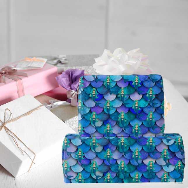 Princess mermaid blue purple mermaid scale wrapping paper (Creator Uploaded)