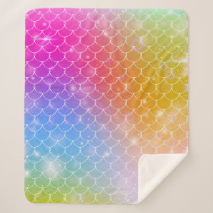 Princess mermaid with kawaii rainbow scales patter sherpa blanket