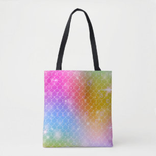Princess mermaid with kawaii rainbow scales patter tote bag