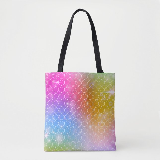 Princess mermaid with kawaii rainbow scales patter tote bag (Front)