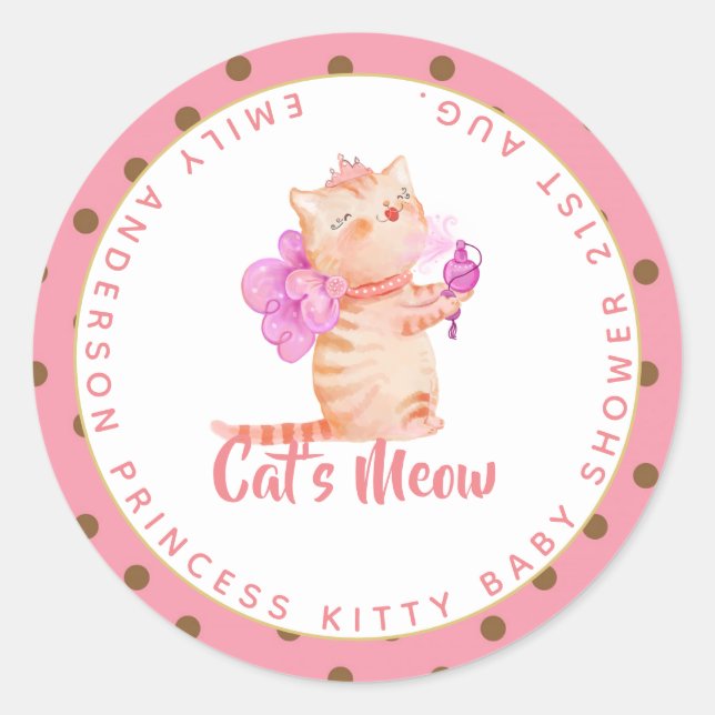 Princess (NAME) Is The Cats Meow Girls Pink Shower Classic Round Sticker (Front)
