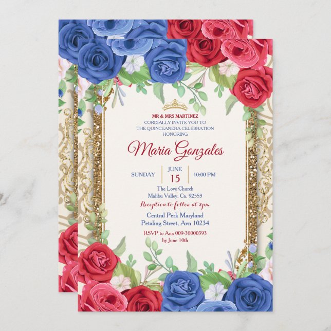 Princess Navy and Burgundy Quinceanera Invitation (Front/Back)
