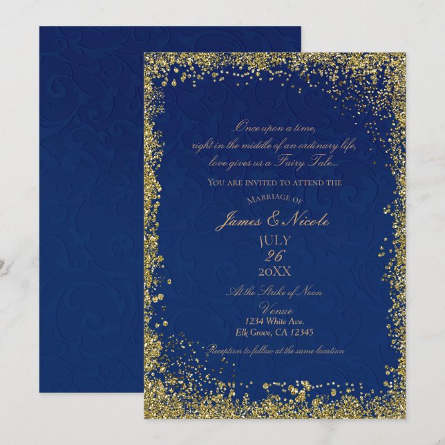 Princess Navy Blue Gold Storybook Wedding Invitation (Front/Back)