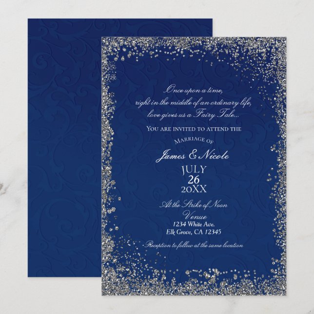 Princess Navy Blue Silver Storybook Wedding Invitation (Front/Back)