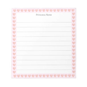 Princess Note & Pink Hearts on Lined Notepad