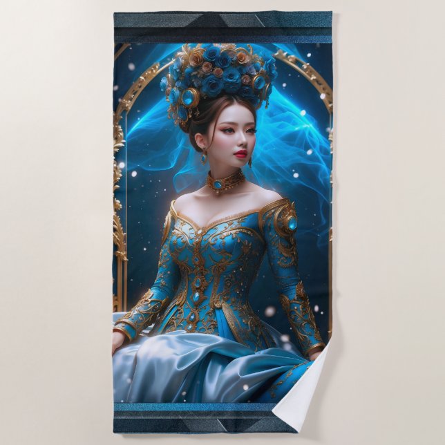 Princess Of The Blue Rose AI Art by Xzendor7 Beach Towel (Front)