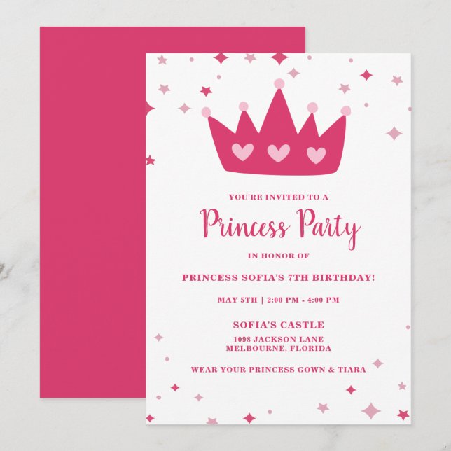 Princess Party Girl's Pink Crown Birthday Party Invitation (Front/Back)