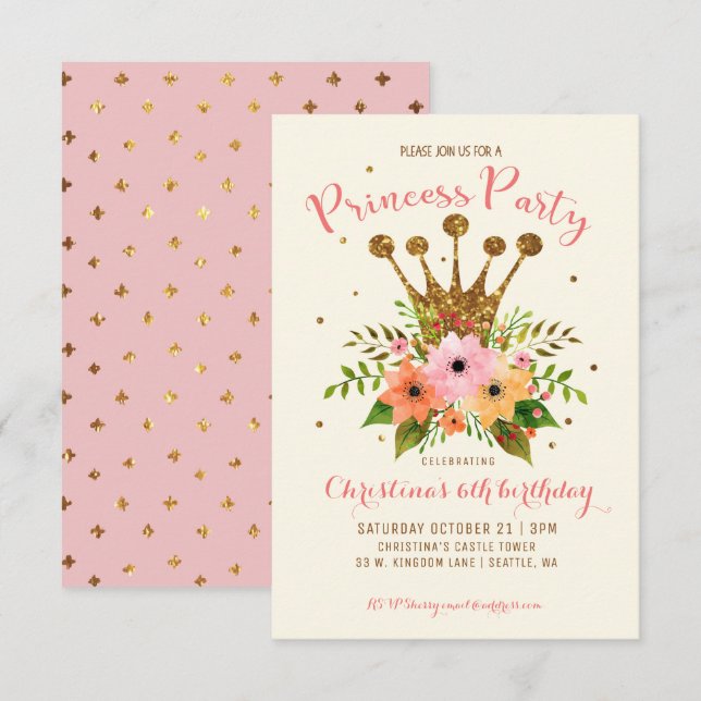 Princess Party Glitter Floral Crown Bday Invite (Front/Back)