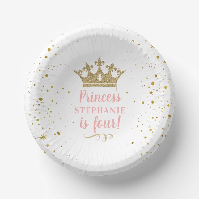 Princess Party Gold Crown Confetti Pink Paper Bowl Paper Plate (Front)