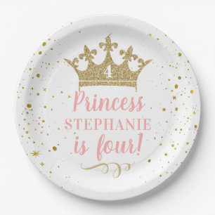 Princess Party Gold Crown Confetti Pink Paper Plate