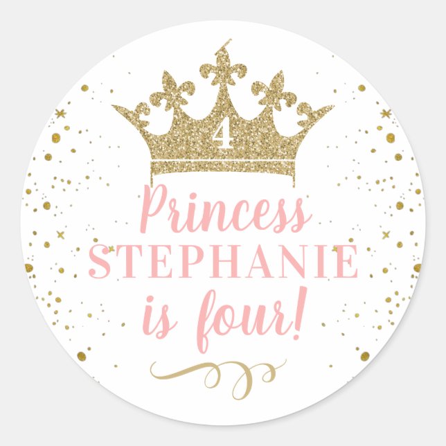Princess Party Gold Crown Personalised Favour Classic Round Sticker (Front)