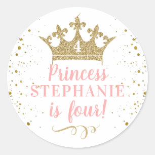 Princess Party Gold Crown Personalised Favour Classic Round Sticker
