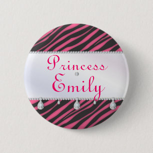 Princess Party Hot Pink Zebra Stripes with Gems 6 Cm Round Badge