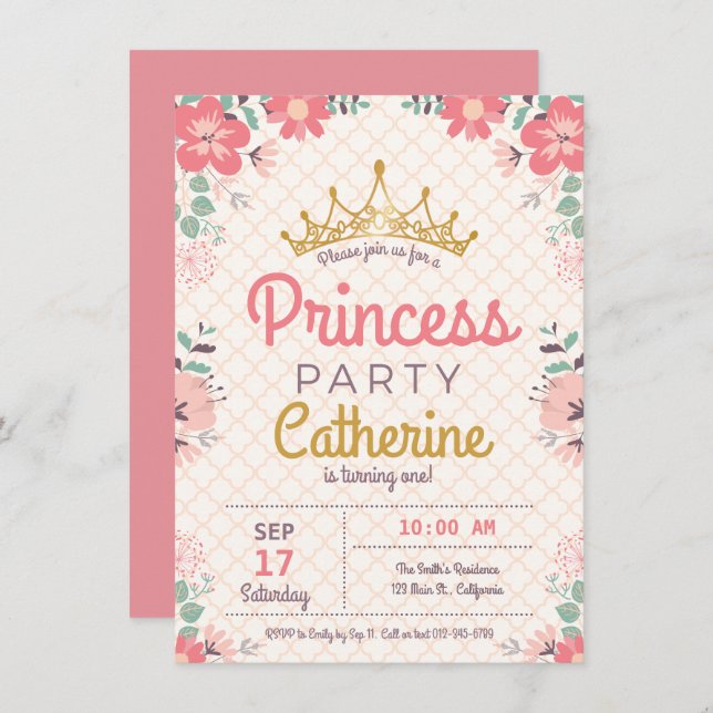 Princess Party on Floral Background. Invitation (Front/Back)