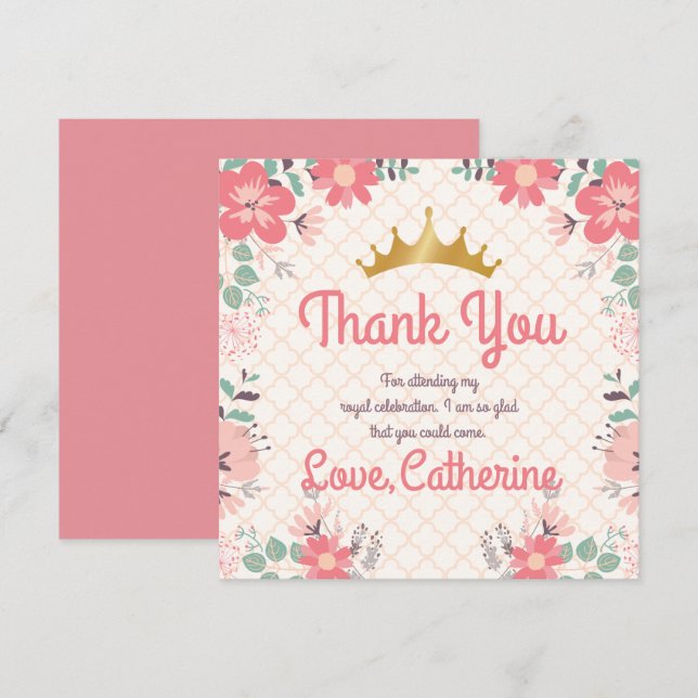 Princess Party on Floral Background. Thank You Invitation (Front/Back)