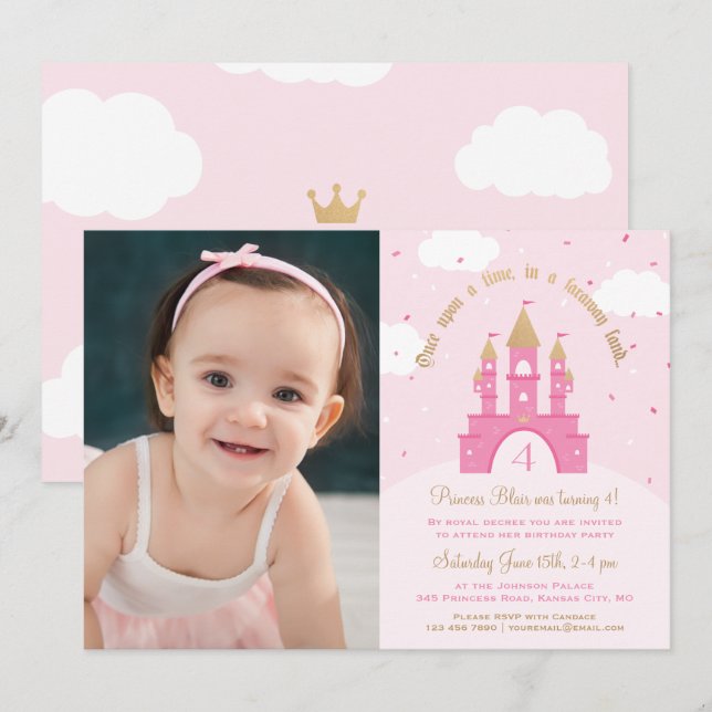 Princess Party Photo Invitations | Pink & Gold (Front/Back)