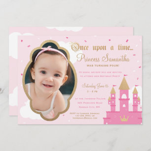 Princess Party Photo Invitations Pink & Gold
