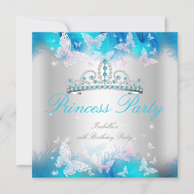 Princess Party Pink Teal Blue Tiara Butterfly Invitation (Front)