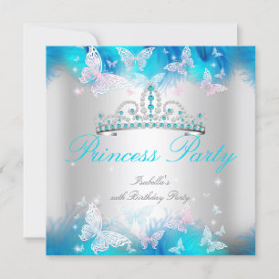 Princess Party Pink Teal Blue Tiara Butterfly Invitation