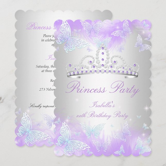 Princess Party Purple Teal Blue Tiara Butterfly Invitation (Front/Back)