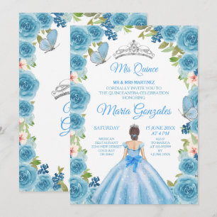 Princess Pastel Blue Roses & Butterfly Mis Quince Invitation