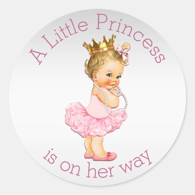 Princess Pearls Ballerina Baby Shower Silver Pink Classic Round Sticker (Front)