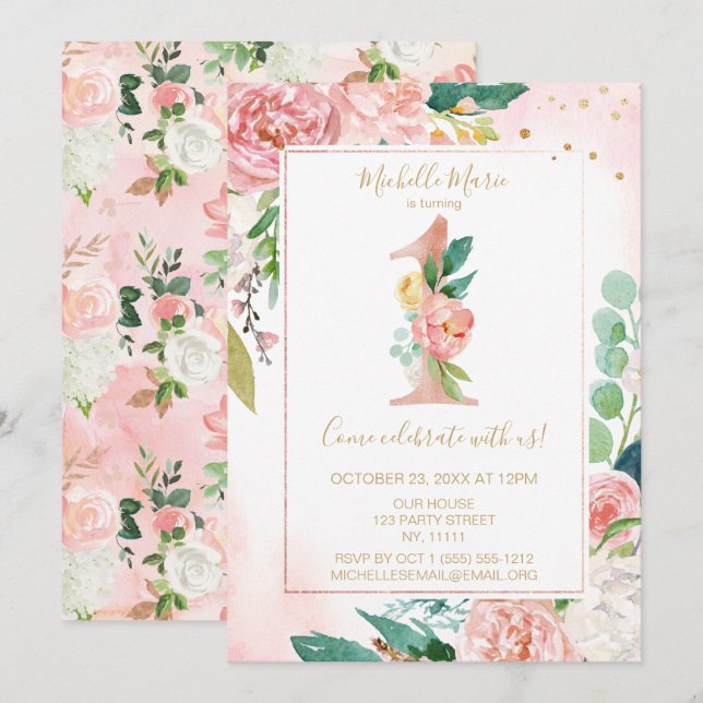 Princess Pink and Gold Floral First Birthday Invitation (Front/Back)