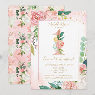 Princess Pink and Gold Floral First Birthday Invitation