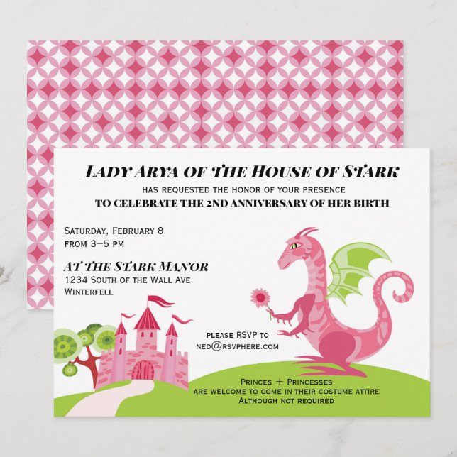 Princess pink and green Girl Birthday invitation (Front/Back)