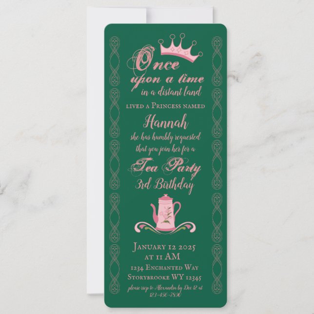 Princess Pink and Green Tea Party Birthday Invitation (Front)