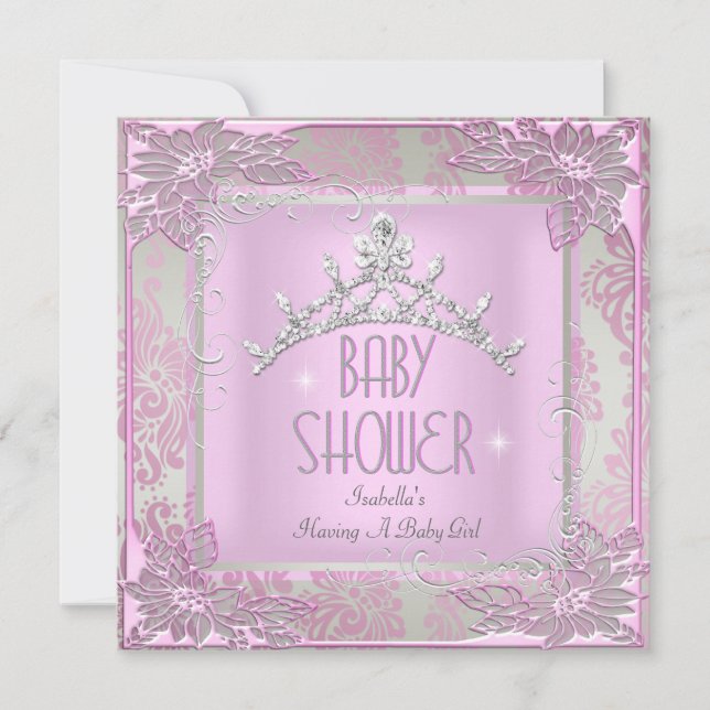 Princess Pink Baby Shower Girl Baby Tiara Damask Invitation (Front)