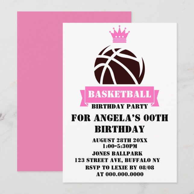 Princess Pink Basketball Birthday Party Invites (Front/Back)