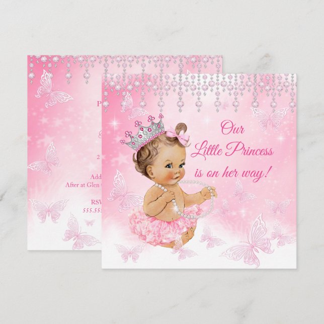 Princess Pink Butterfly Baby Shower brunette Invitation (Front/Back)