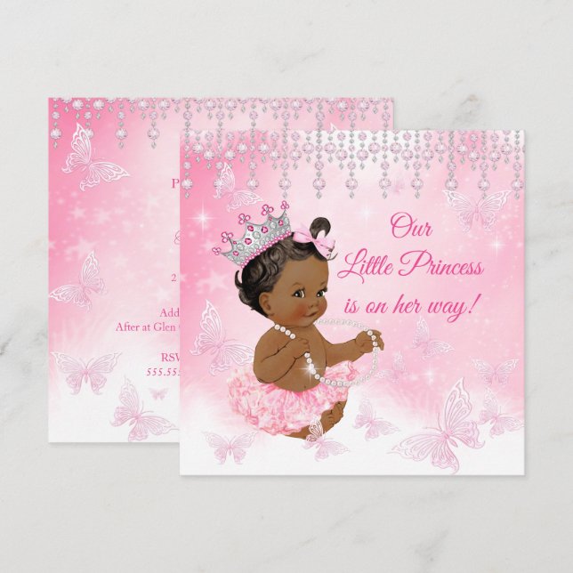 Princess Pink Butterfly Baby Shower Ethnic Invitation (Front/Back)