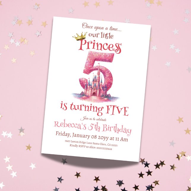 Princess Pink Castle Girl Fifth 5th Birthday Invitation (Creator Uploaded)
