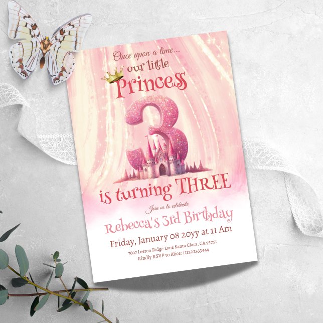 Princess Pink Castle Girl Third 3rd Birthday Invitation (Creator Uploaded)