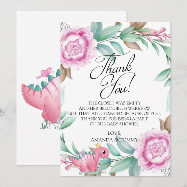 Princess Pink Dinosaur Baby Shower Thank You Card (Front/Back)