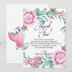 Princess Pink Dinosaur Baby Shower Thank You Card