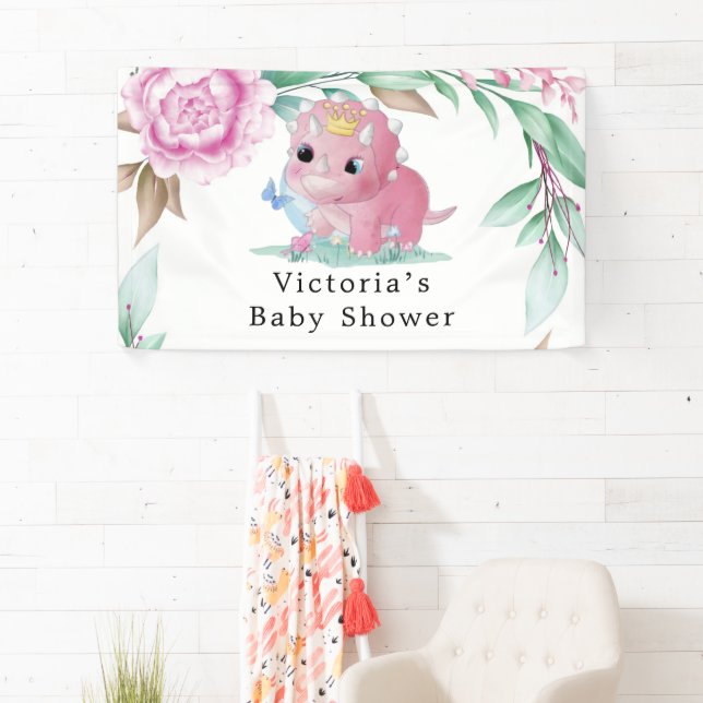 Princess Pink Dinosaur Peony Baby Shower  Banner (Insitu)