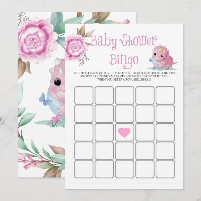 Princess Pink Dinosaur Peony Baby Shower Bingo (Front/Back)