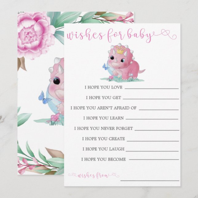 Princess Pink Dinosaur Peony Wishes For Baby Card (Front/Back)