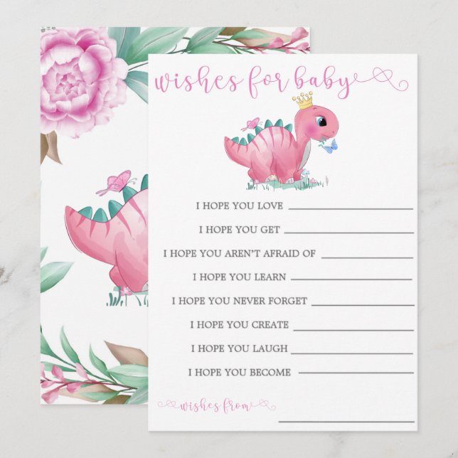 Princess Pink Dinosaur Peony Wishes For Baby Card (Front/Back)