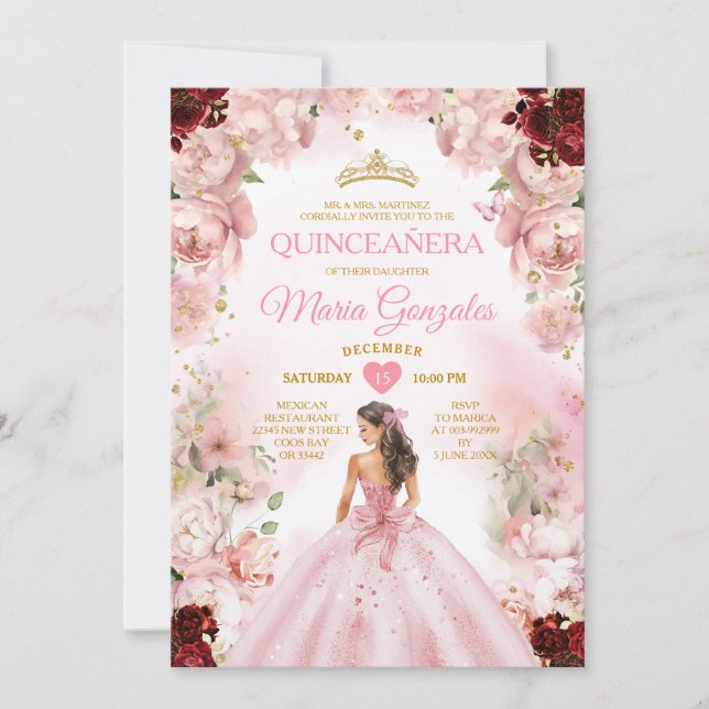 Princess Pink Dress Burgundy Floral Quinceañera Invitation (Front)