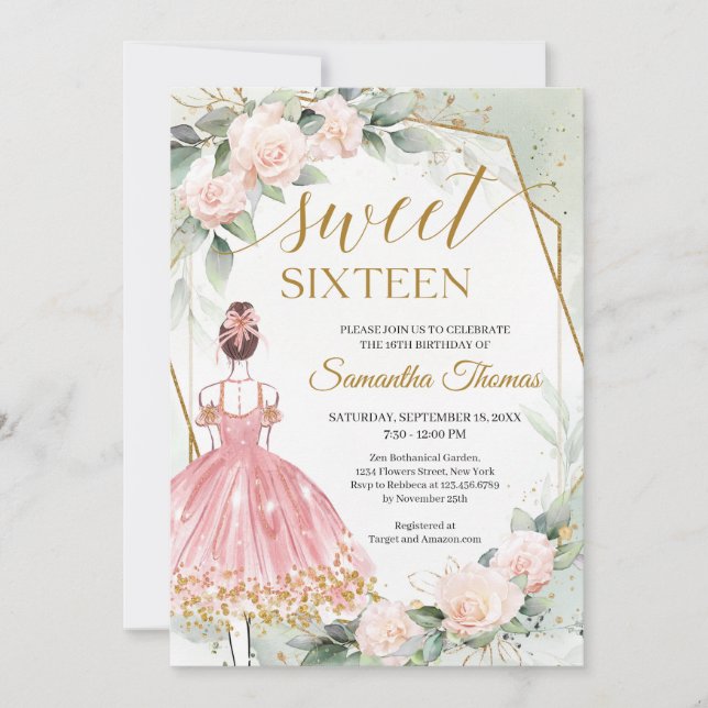 Princess pink dress roses and eucalyptus gold invitation (Front)