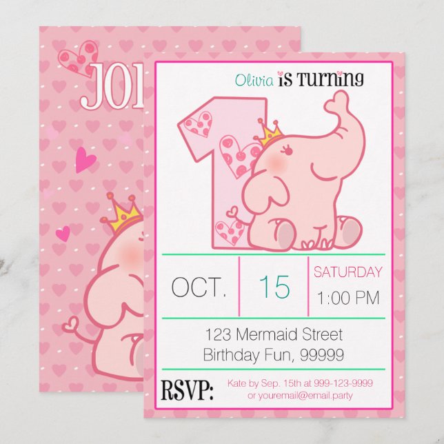 Princess Pink Elephant 1st Birthday Party Custom Invitation (Front/Back)
