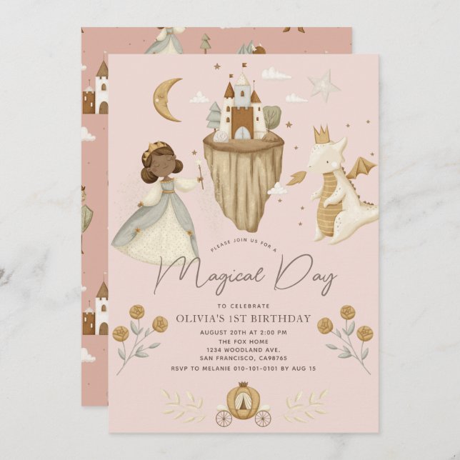 Princess Pink Fairytale Dark Skin 1st Birthday Invitation (Front/Back)