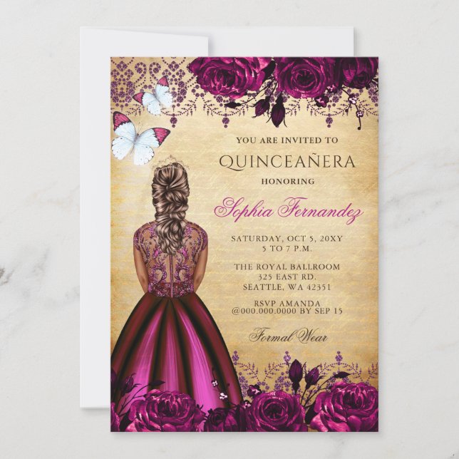 Princess Pink Floral Butterflies Quinceañera Invitation (Front)